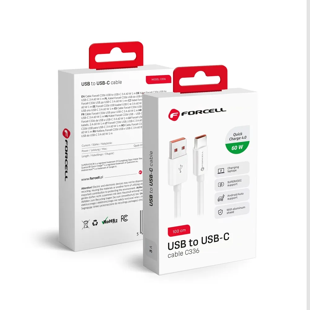 Kabel USB A až Typ C QC4.0 3A/20V PD60W C336 1m bílý